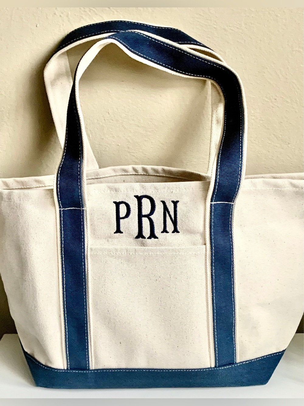 Monogrammed Canvas Tote with Navy Trim - PRN